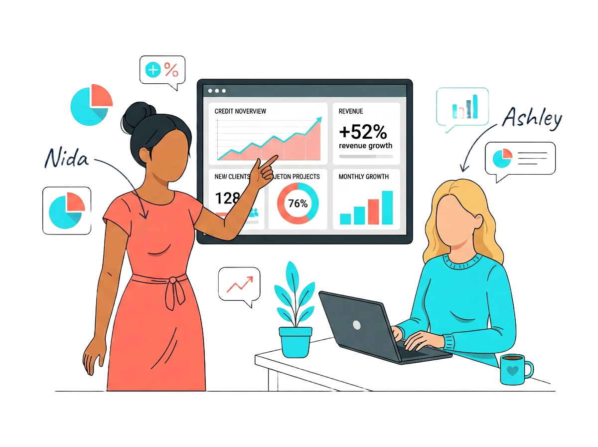 Illustration of a laptop with a rising growth chart, chat bubble, and dashboard cards